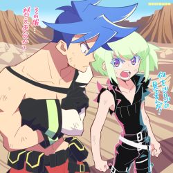 Rule 34 | 2boys, black gloves, black jacket, blonde hair, blue hair, crossed arms, desert, enotou (enotou moi), galo thymos, gloves, jacket, lio fotia, male focus, mountainous horizon, multiple boys, open mouth, promare, purple eyes, sleeveless, spiked hair, topless male, torn clothes, torn sleeves