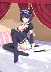 Rule 34 | 1girl, armband, bandaged arm, bandages, black thighhighs, blue eyes, breasts, cleavage, cleavage cutout, clothing cutout, collar, cuffs, eyes visible through hair, fake horns, frilled thighhighs, frills, gothic lolita, hair over eyes, highres, horns, katana, large breasts, legs, lolita fashion, looking at viewer, maid headdress, miniskirt, on bed, open mouth, purple hair, short hair, sitting, skirt, solo, sword, thighhighs, violetsang, weapon, yao dao shao nu yi wen lu