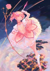 Rule 34 | 1girl, bow (weapon), bubble skirt, choker, city lights, cloud, gloves, hair ribbon, kaname madoka, kneehighs, koichame, magical girl, mahou shoujo madoka magica, mahou shoujo madoka magica (anime), night, night sky, pink eyes, pink hair, ribbon, short twintails, skirt, sky, socks, solo, twintails, two side up, weapon, white gloves, white socks
