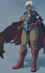 Rule 34 | 1girl, alternate costume, belt, black hair, blonde hair, boots, breasts, cape, cleavage, cleavage cutout, clothing cutout, dark skin, dark-skinned female, dc comics, female focus, full body, gloves, high heel boots, high heels, large breasts, leotard, looking at viewer, mikoyan, power girl, red footwear, shoes, smile, solo, standing