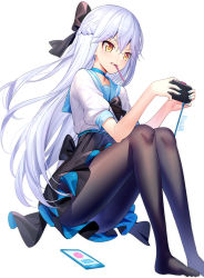 Rule 34 | 1girl, artist name, black bow, black pantyhose, black skirt, blue nails, blue sailor collar, blush, bow, braid, brown eyes, cellphone, clenched teeth, commentary request, controller, game controller, hair between eyes, hair bow, hands up, highres, holding, knees up, long hair, looking away, mouth hold, nail polish, no shoes, original, pantyhose, phone, playing games, pleated skirt, puffy short sleeves, puffy sleeves, ririko (zhuoyandesailaer), saegusa riko, sailor collar, shirt, short sleeves, silver hair, simple background, sitting, skirt, solo, teeth, v-shaped eyebrows, very long hair, watermark, white background, white shirt