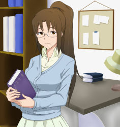 Rule 34 | 1girl, book, glasses, mole, mole under mouth, ponytail, smile, solo, takanashi kazue, working!!, yoshida keiji