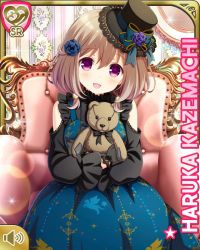 Rule 34 | 1girl, black hat, blue bow, blue dress, blush, bow, brown hair, character name, dress, girlfriend (kari), gothic lolita, hair ornament, hat, indoors, kazemachi haruka, lolita fashion, looking at viewer, official art, open mouth, pink eyes, qp:flapper, short hair, sitting, smile, solo, stuffed animal, stuffed toy, tagme, teddy bear