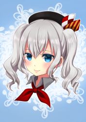 Rule 34 | 1girl, abstract background, bad id, bad pixiv id, blue eyes, blush, closed mouth, colored eyelashes, grey hair, hair between eyes, kantai collection, kashima (kancolle), long hair, neck ribbon, parune chigetsu, pink lips, portrait, red ribbon, ribbon, sidelocks, smile, solo, twintails, wavy hair, wing collar
