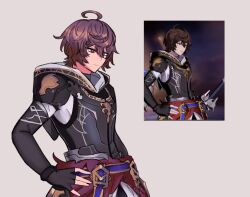 Rule 34 | 1boy, ahoge, armor, bishounen, breastplate, brown hair, commentary, derivative work, english commentary, expressionless, fingerless gloves, gloves, granblue fantasy, granblue fantasy versus: rising, hair between eyes, hand on own hip, hood, hood down, kamacosmos, male focus, messy hair, red eyes, sandalphon (granblue fantasy), screencap redraw, shoulder armor, sketch, solo focus, sword, turtle, weapon
