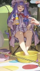 Rule 34 | 1girl, alcohol, beer, bottle, highres, patchouli knowledge, sitting, tagme, thighs, third-party edit, touhou, water