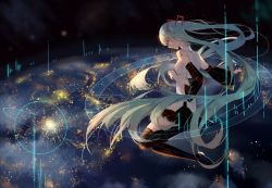 Rule 34 | 1girl, absurdres, aqua hair, bare shoulders, black sleeves, blue theme, blurry, blurry background, boots, hatsune miku, highres, light particles, long hair, looking down, molly790, planet, planetary ring, skirt, sky, space, star (sky), starry sky, thigh boots, twintails, very long hair, vocaloid