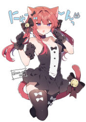 Rule 34 | 1girl, :o, alternate costume, animal ears, anna (ikeuchi tanuma), arm garter, armpit crease, bare shoulders, bell, black bow, black dress, black gloves, black thighhighs, blush, bow, breasts, cat ears, cat girl, cat tail, cleavage, collarbone, cropped legs, dress, gloves, hair between eyes, hair bow, hands up, highres, ikeuchi tanuma, kemonomimi mode, legs together, long bangs, long hair, medium breasts, open mouth, original, pleated dress, purple eyes, raised eyebrows, red hair, short dress, sidelocks, simple background, solo, strapless, strapless dress, sweatdrop, tail, tail bell, tail bow, tail ornament, thighhighs, thighs, twintails, watermark, white background
