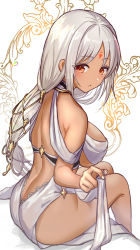 Rule 34 | 1girl, ass, azur lane, back, bare shoulders, blush, body markings, breasts, butt crack, cocktail dress, dark skin, dress, evening gown, facial mark, forehead mark, halter dress, halterneck, large breasts, long hair, looking at viewer, looking back, massachusetts (azur lane), massachusetts (dressed to impress) (azur lane), native american, orange eyes, sitting, thighs, underboob, white dress, white hair, yoruhachi