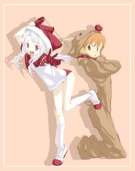 Rule 34 | 1boy, 1girl, :d, animal costume, arms up, christmas, dress, full body, gloves, hamao, legs up, long sleeves, looking at viewer, open mouth, original, red eyes, reindeer costume, silhouette, silver hair, smile, standing, standing on one leg, white dress, white gloves
