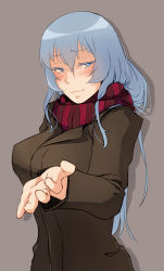 Rule 34 | 10s, 1girl, akame ga kill!, blue eyes, blue hair, blush, breasts, casual, coat, esdeath, female focus, grey background, highres, large breasts, long hair, looking at viewer, matching hair/eyes, no headwear, no headwear, noccu, outstretched hand, scarf, solo, winter clothes, winter coat
