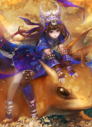 Rule 34 | 1girl, asymmetrical clothes, asymmetrical legwear, blue dress, boots, brown eyes, brown hair, dragon, dress, elbow gloves, fingerless gloves, flower, full body, gloves, horns, jewelry, jian xia qing yuan (series), jianxia qingyuan (series), jianxia qingyuan online 3, mismatched legwear, necklace, nguy thuy ngan, painterly, single thighhigh, sitting, sitting on animal, thighhighs, tiara, toeless footwear
