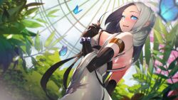 Rule 34 | 1girl, armlet, bare shoulders, black gloves, black ribbon, blue eyes, blush, breasts, bug, butterfly, day, dress, dutch angle, elbow gloves, flower, game cg, gloves, hair over shoulder, highres, indoors, insect, large breasts, light particles, looking at viewer, looking back, miracle snack shop, non-web source, nose blush, official art, open mouth, parted bangs, philia salis, pink flower, plant, ribbon, sidelocks, solo, standing, sunlight, surprised, talesshop, ukero, upper body, white dress, white hair