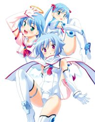 Rule 34 | 3girls, :d, :o, :p, androgynous, angel, arm up, blue hair, blush, boots, brooch, crop top, djibril (makai tenshi djibril), djibril aries, djibril zero, elbow gloves, embarrassed, flapper shirt, flat chest, gloves, glowing, green eyes, hair ribbon, halo, highres, hugging own legs, jewelry, jinno hikari, jinno nagi, kuuchuu yousai, leg up, long hair, magical girl, makai tenshi djibril, makai tenshi djibril 3, manabe rika, multiple girls, necktie, one-piece swimsuit, open mouth, purple eyes, ribbon, scarf, school swimsuit, school uniform, serafuku, shirt, short hair, simple background, smile, surprised, swimsuit, swimsuit costume, swimsuit under clothes, thigh boots, thigh strap, thighhighs, thighs, tongue, tongue out, twintails, very long hair, white one-piece swimsuit, white school swimsuit, white thighhighs, wings