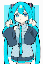 Rule 34 | 1girl, aqua eyes, aqua hair, aqua necktie, bare shoulders, black outline, blue background, blush stickers, border, detached sleeves, grey shirt, grey skirt, grey sleeves, hair between eyes, halftone, hands up, hatsune miku, highres, inset border, long hair, looking at viewer, necktie, outline, pleated skirt, sacrai, shirt, sidelocks, skirt, sleeveless, sleeveless shirt, smile, solo, twintails, very long hair, vocaloid, white border