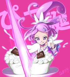 Rule 34 | 1girl, 2018, :p, asymmetrical clothes, cake, chocokin, commentary request, cure sword, dated, detached sleeves, dokidoki! precure, dress, earrings, eyelashes, food, food on face, hair ornament, hairclip, happy, jewelry, kenzaki makoto, magical girl, medium hair, pink background, ponytail, precure, purple dress, purple eyes, purple hair, purple theme, simple background, smile, solo, tongue, tongue out, translation request