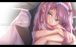 Rule 34 | 10s, 1girl, aqua eyes, bare legs, character name, darling in the franxx, hairband, horns, hugging own legs, imo bouya, jacket, jacket on shoulders, letterboxed, long hair, looking to the side, pink hair, red horns, solo, uniform, white hairband, zero two (darling in the franxx)