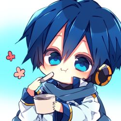 Rule 34 | 1boy, :t, blue eyes, blue hair, blush, chibi, cup, eating, gradient background, headphones, holding, holding cup, jacket, kaho 0102, kaito (vocaloid), long sleeves, male focus, popped collar, scarf, short hair, solo, vocaloid