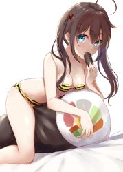 Rule 34 | 1girl, ahoge, all fours, alternate hairstyle, animal print, bare arms, bare shoulders, bed sheet, bikini, blue eyes, breasts, brown hair, cleavage, collarbone, ehoumaki, food, hair between eyes, hair flaps, hair ornament, kantai collection, long hair, looking at viewer, makizushi, mashiro aa, medium breasts, navel, print bikini, shigure (kancolle), simple background, solo, sushi, swimsuit, tiger print, twintails, white background