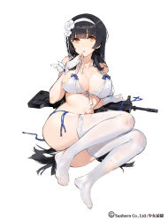 Rule 34 | 1girl, assault rifle, bare shoulders, black hair, breasts, bullpup, cleavage, commentary request, feet, full body, girls&#039; frontline, gun, hairband, hip focus, kishiyo, large breasts, long hair, looking at viewer, official alternate costume, panties, parted lips, qbz-95, rifle, side-tie panties, simple background, solo, thighhighs, thighs, toes, torn clothes, torn thighhighs, type 95 (girls&#039; frontline), underwear, very long hair, weapon, white background, white thighhighs