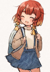 Rule 34 | 1girl, backpack, bag, blonde hair, blue skirt, bob cut, braid, brown jacket, commentary request, etorofu (kancolle), closed eyes, gradient hair, jacket, kantai collection, multicolored hair, official alternate costume, red hair, side braid, skirt, smile, solo, suspender skirt, suspenders, thick eyebrows, twin braids, wss (nicoseiga19993411)