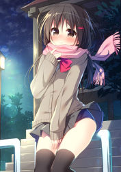 Rule 34 | 1girl, blue one-piece swimsuit, blush, brown cardigan, brown eyes, brown hair, brown skirt, brown thighhighs, cardigan, closed mouth, cloud, fingernails, fringe trim, hair between eyes, hair ornament, hairclip, hanamiya natsuka, hand up, lamppost, long hair, long sleeves, looking at viewer, night, night sky, nose blush, on railing, one-piece swimsuit, original, outdoors, pink scarf, pleated skirt, railing, scarf, school swimsuit, sitting, skirt, sky, sleeves past wrists, solo, stairs, stone stairs, swimsuit, swimsuit under clothes, thighhighs, very long hair