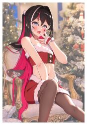 Rule 34 | 1girl, absurdres, armchair, azki (hololive), bare shoulders, black hair, blue eyes, border, brown pantyhose, chair, christmas, christmas tree, colored inner hair, covering own mouth, fur-trimmed skirt, fur-trimmed tube top, fur trim, hair between eyes, hair ornament, highres, hololive, loeldrive, long hair, looking at viewer, midriff, miniskirt, mole, mole under eye, multicolored hair, navel, open mouth, pantyhose, photo background, pom pom (clothes), pom pom hair ornament, purple eyes, red hair, red nails, red skirt, red tube top, ringed eyes, sitting, skirt, solo, strapless, streaked hair, tube top, very long hair, virtual youtuber, white border, white hair