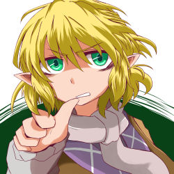 Rule 34 | 1girl, arm warmers, bags under eyes, biting, blonde hair, face, green eyes, looking at viewer, mizuhashi parsee, pointy ears, scarf, solo, thumb biting, thumb to mouth, touhou, yasui nori