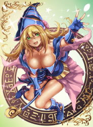 Rule 34 | 1girl, bare shoulders, blonde hair, blush, boots, breasts, choker, cleavage, commentary request, dark magician girl, duel monster, fingerless gloves, full body, gloves, green eyes, hat, highres, hikari (komitiookami), large breasts, long hair, looking at viewer, open mouth, resolution mismatch, revision, smile, solo, source larger, wizard hat, yu-gi-oh!, yu-gi-oh! duel monsters