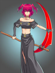 Rule 34 | 1girl, alternate weapon, arc system works, bare shoulders, choker, cosplay, female focus, fingerless gloves, gloves, guilty gear, hair bobbles, hair ornament, ibushi (oath), midriff, onozuka komachi, red eyes, red hair, scythe, short hair, solo, testament (cosplay), testament (guilty gear), testament (guilty gear) (cosplay), touhou, twintails, two side up, weapon
