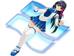 Rule 34 | 1girl, bare shoulders, black hair, blue eyes, blue footwear, blue hair, blue skirt, breasts, detached sleeves, dutch angle, holographic interface, holographic keyboard, holographic touchscreen, legs, legs together, long hair, matching hair/eyes, medium breasts, miniskirt, os-tan, pleated skirt, see-through, see-through sleeves, shirota dai, skindentation, skirt, smile, solo, tagme, thighhighs, thighs, white sleeves, white thighhighs, windows logo, wing collar, xp-tan, zettai ryouiki