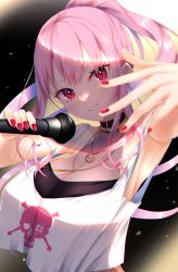 Rule 34 | 1girl, bad id, bad pixiv id, bare shoulders, breasts, cleavage, crop top, highres, hololive, hololive english, jewelry, large breasts, long hair, microphone, mori calliope, mori calliope (streetwear), nail polish, nidaime (doronbo), pendant, pink hair, ponytail, red eyes, red nails, skull and crossbones, smile, solo, virtual youtuber