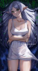 Rule 34 | 1girl, breasts, collarbone, crossed arms, dress, elf, frieren, from above, green eyes, long hair, looking at viewer, lying, medium breasts, on back, parted lips, partially submerged, pointy ears, signature, solo, sousou no frieren, thighs, water, wei (promise 0820), wet, wet clothes, wet dress, white dress, white hair