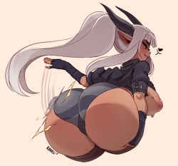 Rule 34 | 1girl, ass, ass grab, breasts, character request, dark-skinned female, dark skin, female focus, gloves, grey hair, groping, hand on own ass, horns, huge ass, kanel, large breasts, looking back, motion blur, naughty face, nipples, orange hair, panties, ponytail, slapping, smile, smug, solo, source request, spanked, spanking, thighhighs, underwear