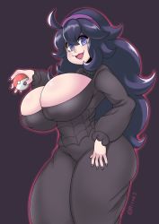 Rule 34 | 1girl, :3, @ @, ahoge, black dress, breasts, cleavage cutout, clothing cutout, covered erect nipples, cowboy shot, creatures (company), curvy, dress, game freak, hair between eyes, hairband, hex maniac (pokemon), highres, impossible clothes, large breasts, long hair, long sleeves, looking at viewer, matching hair/eyes, nail polish, nintendo, open mouth, outline, pink outline, poke ball, poke ball (basic), pokemon, pokemon xy, purple background, purple hair, rivyk, smile, solo, standing, turtleneck