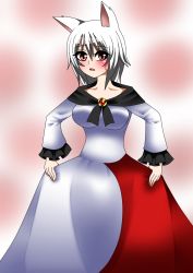Rule 34 | animal ears, blush, breasts, collarbone, cosplay, dress, embarrassed, highres, imaizumi kagerou, imaizumi kagerou (cosplay), inubashiri momiji, jewelry, large breasts, long sleeves, open mouth, red eyes, short hair, silver hair, solo, touhou, wolf ears