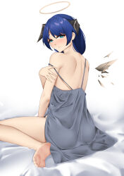 Rule 34 | 1girl, absurdres, arknights, bare arms, bare back, bare legs, bare shoulders, barefoot, blue eyes, blue hair, casperrin, commentary, dress, feet, grey dress, halo, highres, horns, legs, long hair, looking at viewer, mostima (arknights), simple background, sitting, smile, soles, solo, strap slip, thighs, toenails, toes, wariza, white background
