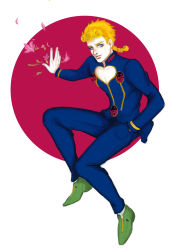 Rule 34 | 1boy, blonde hair, blue eyes, braid, brooch, bug, earrings, flower, full body, giorno giovanna, green footwear, hand in pocket, highres, insect, jewelry, jojo no kimyou na bouken, ladybug, male focus, northsouth, pectorals, petals, single braid, smile, solo, stud earrings, vento aureo, victory rolls