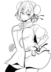 Rule 34 | 1girl, bandaged arm, bandages, breasts, bun cover, closed mouth, cowboy shot, dress, flower, greyscale, highres, himajin noizu, ibaraki kasen, large breasts, monochrome, puffy short sleeves, puffy sleeves, rose, short hair, short sleeves, simple background, single wrist cuff, smile, solo, tabard, touhou, white background, wrist cuffs