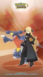 Rule 34 | blonde hair, blue eyes, breasts, claws, cleavage, coat, creatures (company), cynthia (pokemon), fangs, game freak, garchomp, gen 4 pokemon, hand on own hip, highres, long hair, nintendo, official art, pokemon, pokemon (creature), pokemon dppt, pokemon masters ex, red eyes, tagme