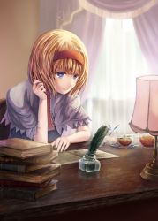 Rule 34 | 1girl, alice margatroid, arm support, blonde hair, blue eyes, book, capelet, cup, curtains, desk, glass, hairband, hand in own hair, indoors, inkwell, kisuke1212, lamp, light particles, open book, quill, reading, short hair, smile, solo, sunlight, touhou, window