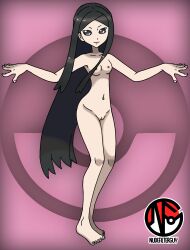 Rule 34 | 1girl, absurdres, armpits, artist name, barefoot, black hair, breasts, cleft of venus, collarbone, completely nude, creatures (company), feet, feet together, female focus, fingernails, full body, game freak, groin, gym leader, happy, highres, legs, legs together, long hair, looking at viewer, navel, neck, nilterguy, nintendo, nipples, nude, nude filter, official art nude filter, outstretched arms, parted bangs, pink background, poke ball symbol, pokemon, pokemon xy, purple eyes, pussy, sidelocks, small breasts, smile, spread arms, spread fingers, standing, straight hair, thighs, third-party edit, toenails, toes, unworn clothes, unworn headwear, valerie (pokemon), w arms