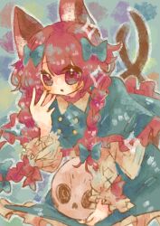 Rule 34 | 1girl, :o, absurdres, adapted costume, animal ear fluff, animal ears, bow, buttons, capelet, cat ears, cat tail, dress, frills, green bow, green capelet, green dress, hair bow, hair ribbon, hand up, highres, holding, holding skull, juliet sleeves, kaenbyou rin, leaning forward, long hair, long sleeves, multiple tails, nekomata, open mouth, petticoat, puffy sleeves, red eyes, red hair, ribbon, simple background, skull, solo, sunnyagi906, tail, touhou, tress ribbon, two tails, very long hair