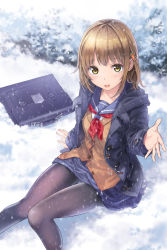 Rule 34 | 1girl, bad id, bad nicoseiga id, black pantyhose, blue skirt, blush, briefcase, brown eyes, brown hair, cardigan, carrot hair ornament, coat, commentary request, day, duffel coat, food-themed hair ornament, hair ornament, hand up, highres, knees together feet apart, long sleeves, looking at viewer, neckerchief, open clothes, open coat, open mouth, original, outdoors, outstretched hand, pantyhose, pleated skirt, revision, school briefcase, school uniform, serafuku, short hair, sitting, skirt, smile, snow, snowing, solo, yellow eyes, yoropa
