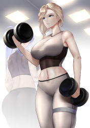 Rule 34 | 2girls, absurdres, alternate costume, ass, asymmetrical hair, azur lane, black legwear, blonde hair, blue eyes, breasts, ceiling, ceiling light, commentary, dumbbell, earrings, english commentary, essex (azur lane), exercise, fluorescent lamp, grey legwear, grey shirt, gym, highres, hood (azur lane), impossible clothes, impossible shirt, indoors, irkawaza, jewelry, large breasts, mature female, midriff, multiple girls, pants, purple hair, shirt, side ponytail, skin tight, sleeveless, sleeveless shirt, sports bra, standing, sweatdrop, thigh strap, tight clothes, tight pants, toned, twintails, weightlifting, yoga pants