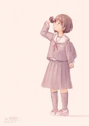Rule 34 | 1girl, :o, backpack, bag, blue socks, brown hair, camera, commentary request, dated, full body, hair ornament, hairclip, hand up, holding, holding camera, long sleeves, looking up, parted lips, pigeon-toed, pink background, pleated skirt, pochi (poti1990), red ribbon, ribbon, sailor collar, school bag, school uniform, serafuku, shirt, shoes, short hair, signature, simple background, skirt, socks, solo, standing
