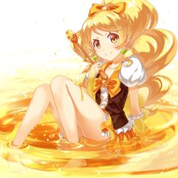 Rule 34 | 10s, 1girl, barefoot, blonde hair, brooch, buntan, cure honey, food, happinesscharge precure!, heart, heart brooch, honey, long hair, magical girl, name connection, object namesake, oomori yuuko, orange theme, ponytail, precure, sitting, skirt, smile, solo, wide ponytail, yellow eyes