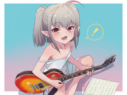 Rule 34 | !, 1girl, ahoge, bare legs, barefoot, blush, border, camisole, chemise, collarbone, commentary request, dyed ahoge, electric guitar, flat chest, gradient background, grey hair, guitar, highres, holding, holding instrument, indian style, instrument, looking at viewer, makaino ririmu, medium hair, multicolored hair, nijisanji, open mouth, plectrum, pointy ears, red eyes, red hair, sabamen, sheet music, sitting, smile, solo, speech bubble, spoken exclamation mark, strap slip, streaked hair, teeth, twintails, virtual youtuber, white border, white camisole