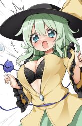 Rule 34 | 1girl, black bra, black hat, bra, breasts, cleavage, commentary request, emphasis lines, green eyes, green hair, green skirt, hat, hat ribbon, highres, komeiji koishi, large breasts, long sleeves, open mouth, popped button, ribbon, simple background, skirt, solo, suwa yasai, third eye, touhou, underwear, v-shaped eyebrows, white background, yellow ribbon