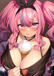 Rule 34 | 1girl, :p, armpit crease, azur lane, bare shoulders, between breasts, black background, black choker, black hairband, black sweater, blush, bra strap, breasts, bremerton (azur lane), bremerton (day-off date) (azur lane), bubble tea, choker, cleavage, closed mouth, clothes pull, collarbone, commentary, cup, disposable cup, dress, drinking straw, english commentary, eyewear hang, unworn eyewear, grey hair, hair between eyes, hair intakes, hair ornament, hairband, highres, jacket, large breasts, long hair, looking at viewer, mixed-language commentary, multicolored hair, nail polish, no mole, object on breast, off-shoulder dress, off-shoulder sweater, off shoulder, official alternate costume, pink eyes, pink hair, pink nails, red-tinted eyewear, sidelocks, simple background, smile, solo, standing, star (symbol), star print, strap between breasts, streaked hair, sweater, sweater dress, sweater pull, takurowo, tinted eyewear, tongue, tongue out, twintails, two-tone hair, upper body, white jacket